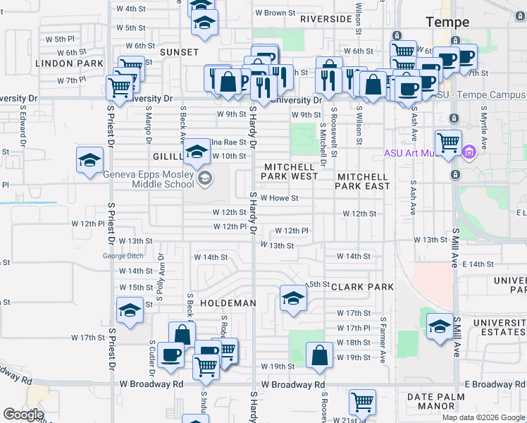 map of restaurants, bars, coffee shops, grocery stores, and more near 738 West 12th Place in Tempe