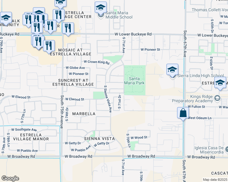 map of restaurants, bars, coffee shops, grocery stores, and more near 3612 South 71st Drive in Phoenix