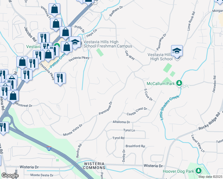 map of restaurants, bars, coffee shops, grocery stores, and more near 1620 Panorama Drive in Vestavia Hills