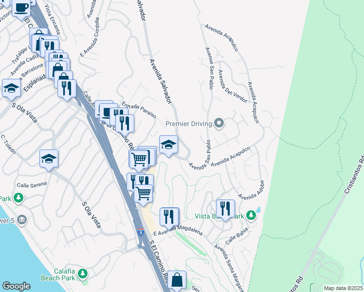 map of restaurants, bars, coffee shops, grocery stores, and more near 2242 Avenida Salvador in San Clemente