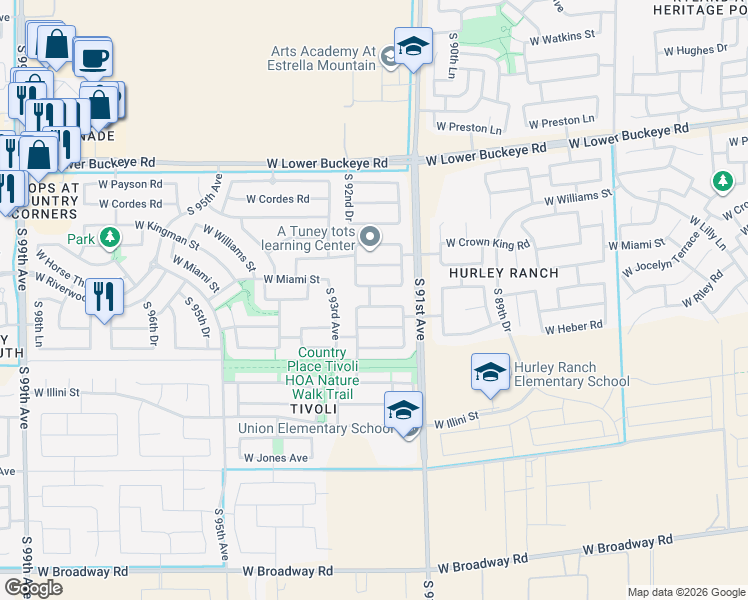 map of restaurants, bars, coffee shops, grocery stores, and more near 9136 West Kirby Avenue in Tolleson