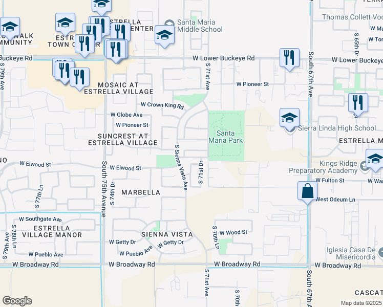 map of restaurants, bars, coffee shops, grocery stores, and more near 3612 South 71st Drive in Phoenix