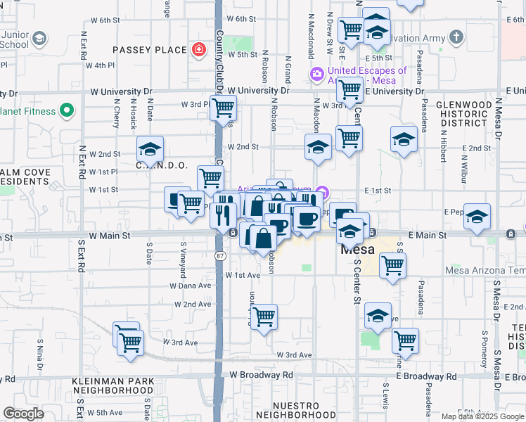 map of restaurants, bars, coffee shops, grocery stores, and more near 160 West Main Street in Mesa
