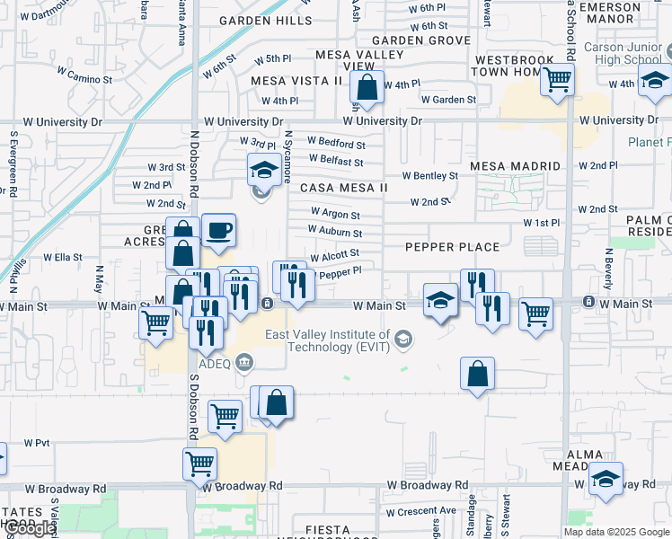 map of restaurants, bars, coffee shops, grocery stores, and more near 1600 West Main Street in Mesa
