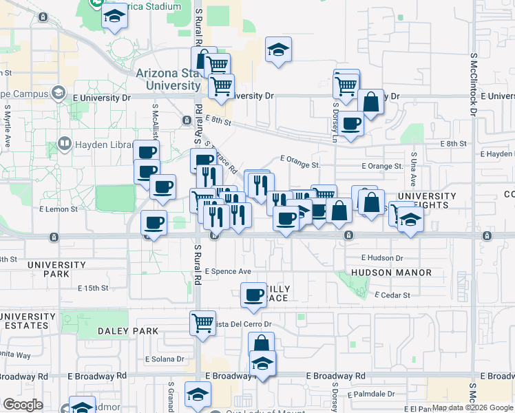 map of restaurants, bars, coffee shops, grocery stores, and more near 1039 East Lemon Street in Tempe