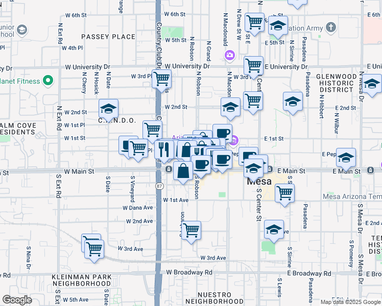 map of restaurants, bars, coffee shops, grocery stores, and more near 160 West Main Street in Mesa
