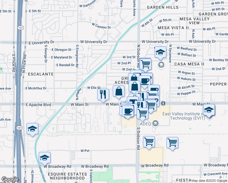 map of restaurants, bars, coffee shops, grocery stores, and more near 2125 West 1st Street in Mesa
