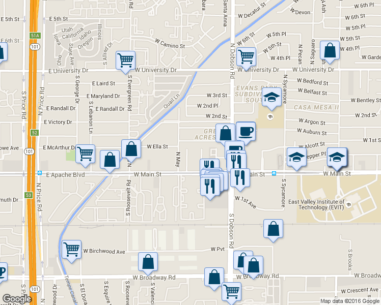 map of restaurants, bars, coffee shops, grocery stores, and more near 2125 West 1st Street in Mesa
