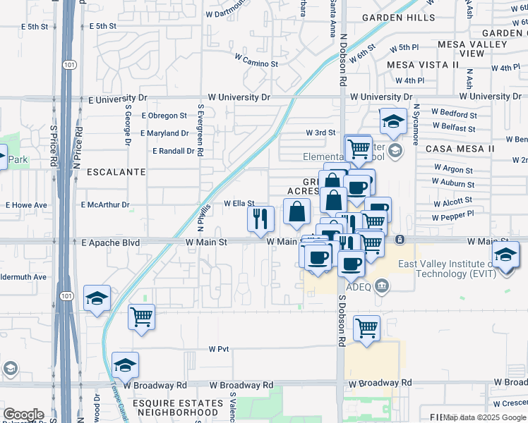 map of restaurants, bars, coffee shops, grocery stores, and more near 116 North May in Mesa