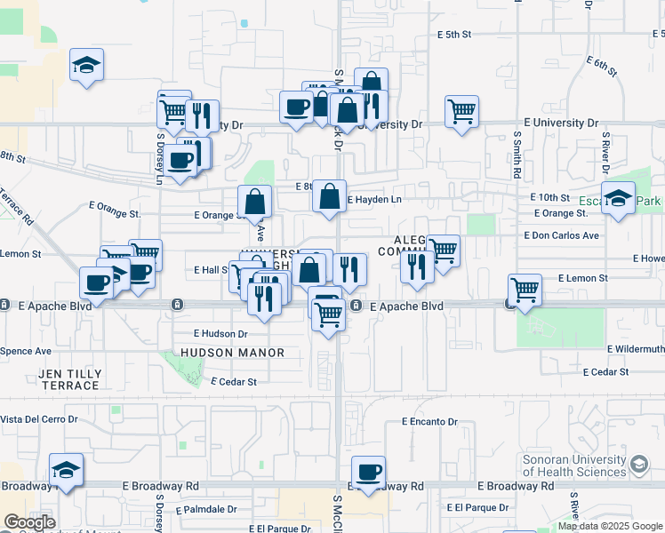 map of restaurants, bars, coffee shops, grocery stores, and more near 1800 East Lemon Street in Tempe