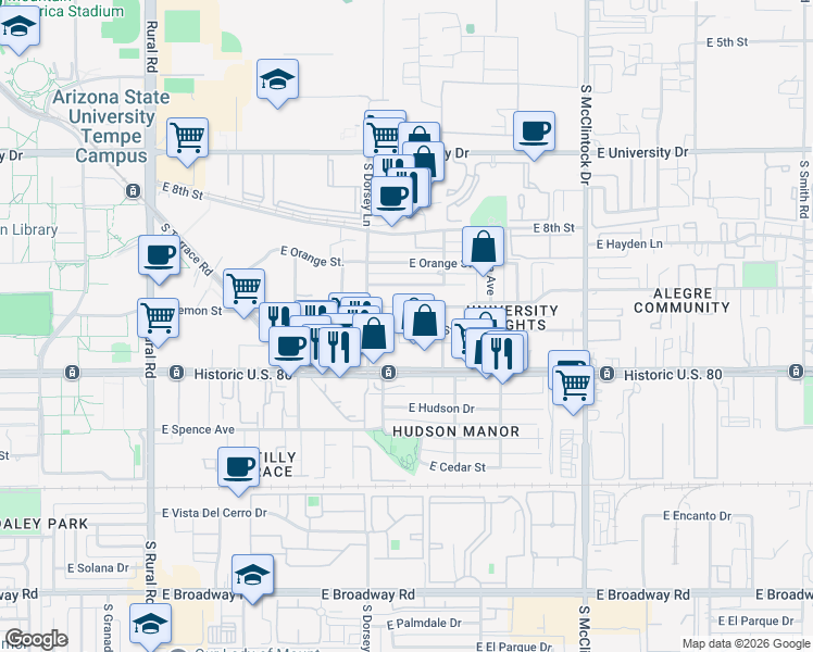 map of restaurants, bars, coffee shops, grocery stores, and more near 1318 East Lemon Street in Tempe