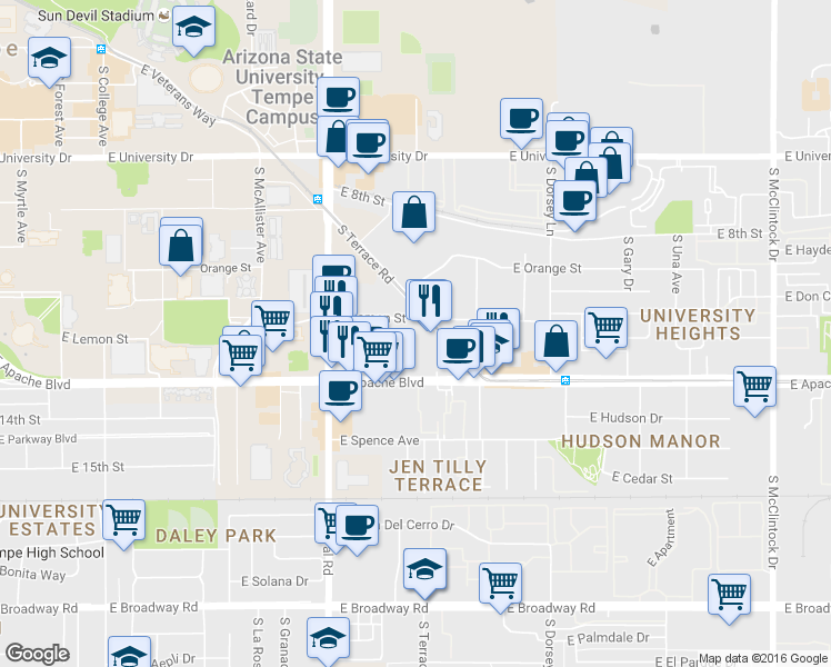 map of restaurants, bars, coffee shops, grocery stores, and more near 1041 East Lemon Street in Tempe