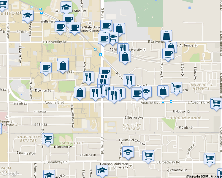 map of restaurants, bars, coffee shops, grocery stores, and more near 910 East Lemon Street in Tempe
