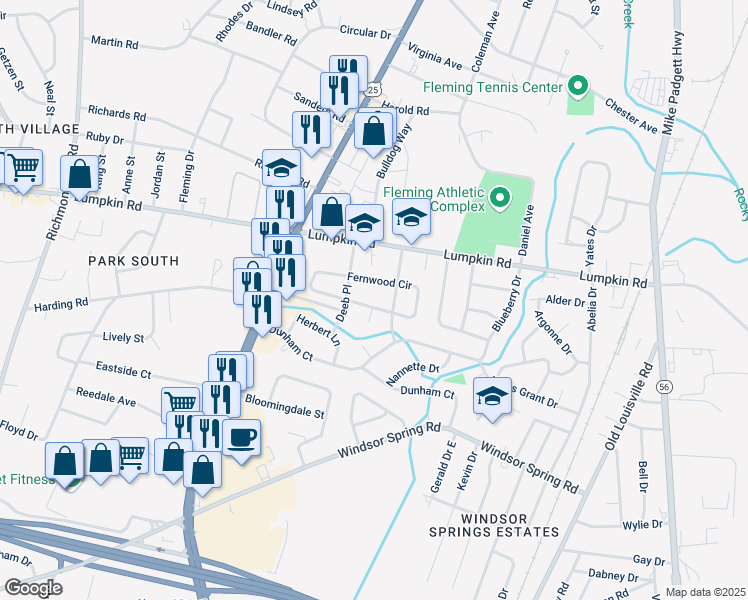 map of restaurants, bars, coffee shops, grocery stores, and more near 2909 Fernwood Drive in Augusta
