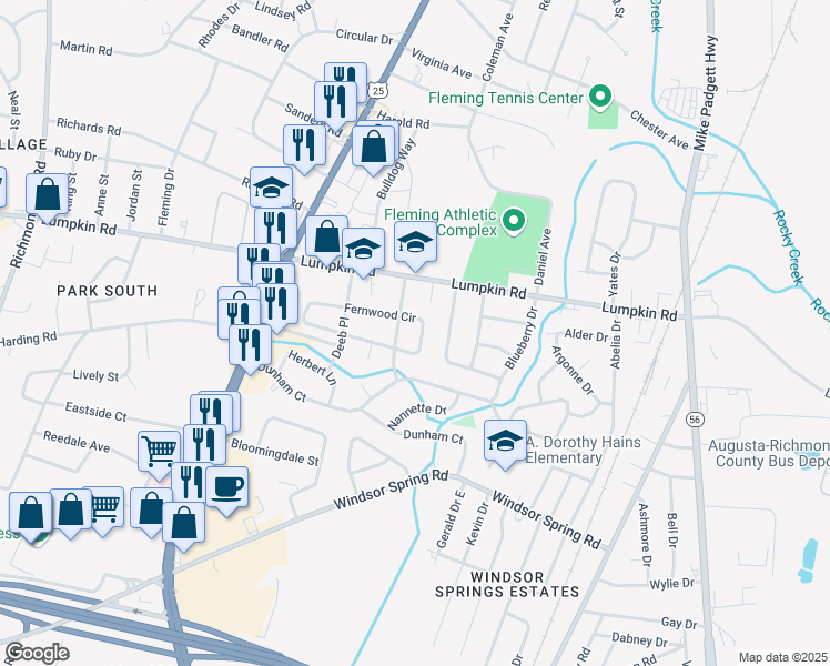map of restaurants, bars, coffee shops, grocery stores, and more near 2010 Fernwood Circle in Augusta