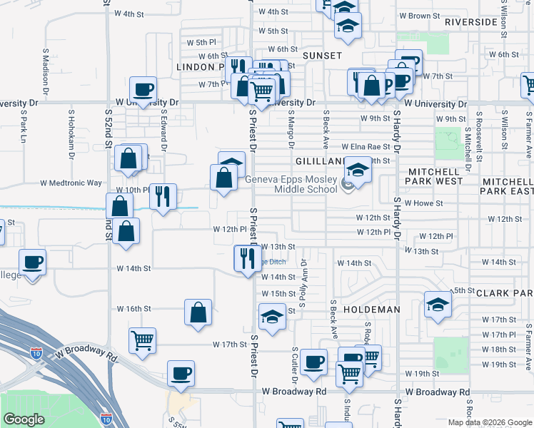 map of restaurants, bars, coffee shops, grocery stores, and more near 1337 West 11th Street in Tempe