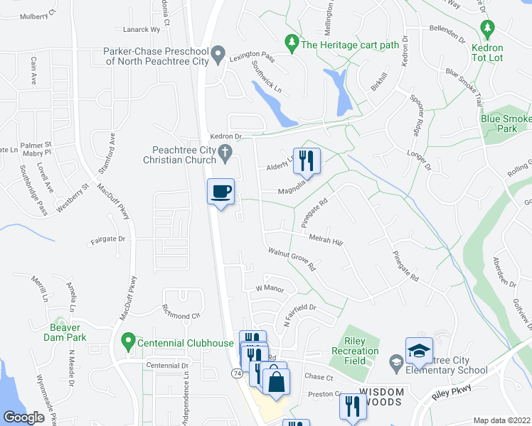 map of restaurants, bars, coffee shops, grocery stores, and more near 404 Walnut Grove Road in Peachtree City