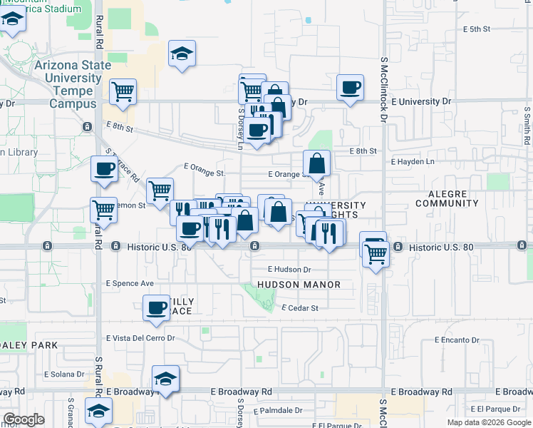 map of restaurants, bars, coffee shops, grocery stores, and more near 1318 East Lemon Street in Tempe