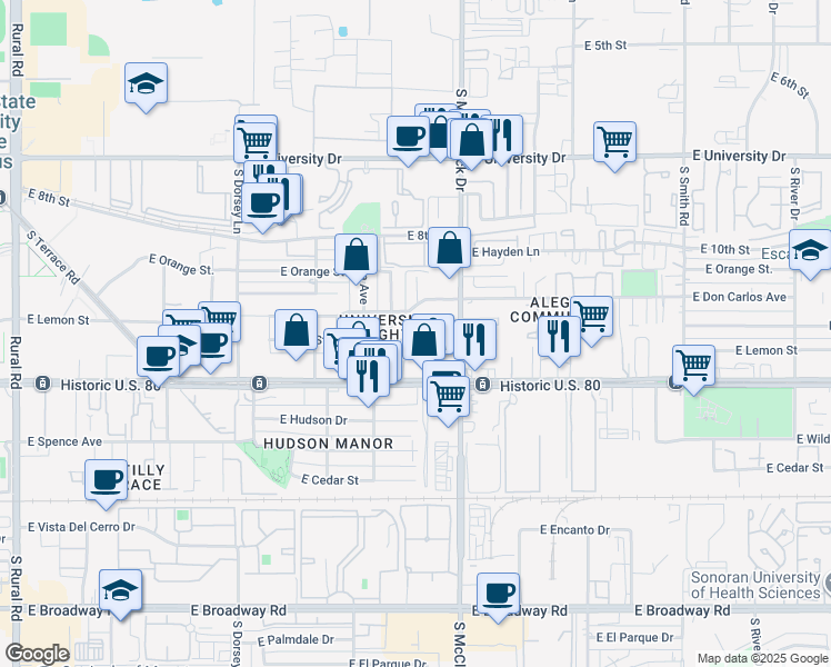 map of restaurants, bars, coffee shops, grocery stores, and more near 1631 East Don Carlos Avenue in Tempe