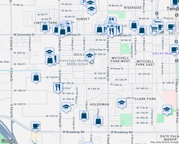 map of restaurants, bars, coffee shops, grocery stores, and more near 1130 W 12th St in Tempe