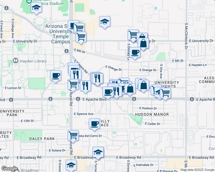 map of restaurants, bars, coffee shops, grocery stores, and more near 1115 East Lemon Street in Tempe