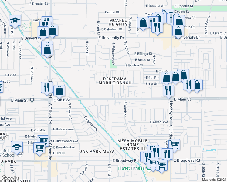 map of restaurants, bars, coffee shops, grocery stores, and more near 2434 East Main Street in Mesa