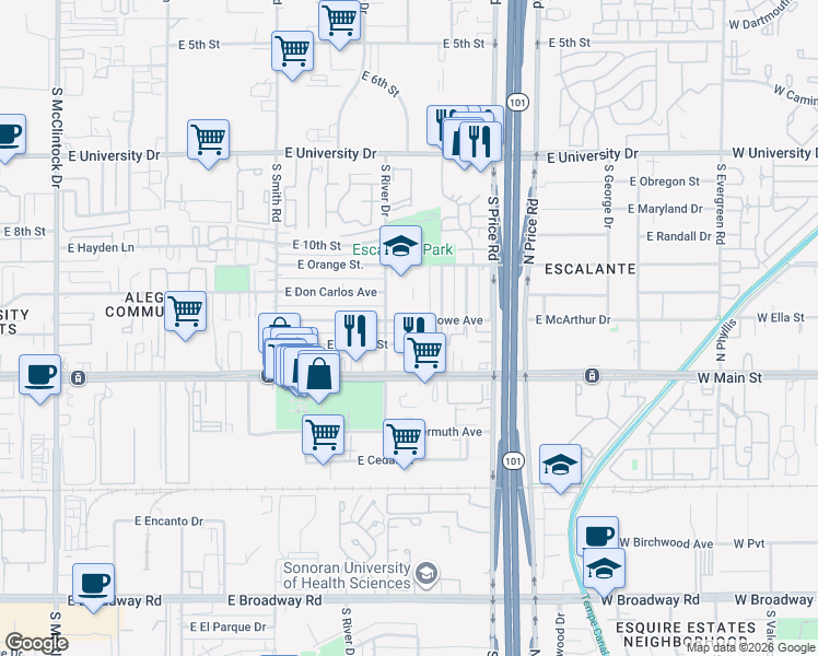 map of restaurants, bars, coffee shops, grocery stores, and more near 2130 East Howe Avenue in Tempe
