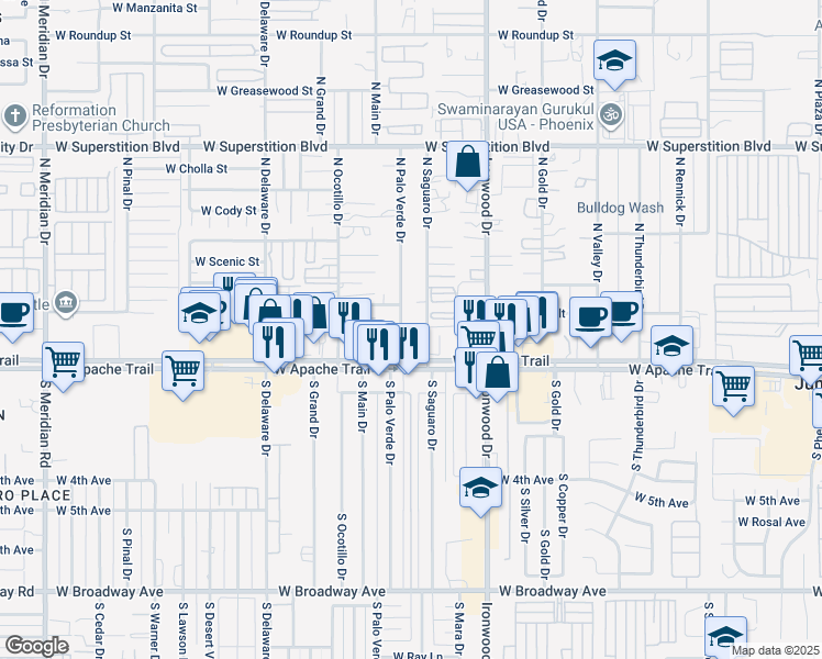 map of restaurants, bars, coffee shops, grocery stores, and more near 151 North Palo Verde Drive in Apache Junction