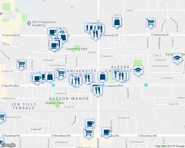 map of restaurants, bars, coffee shops, grocery stores, and more near 1706 East 12th Street in Tempe