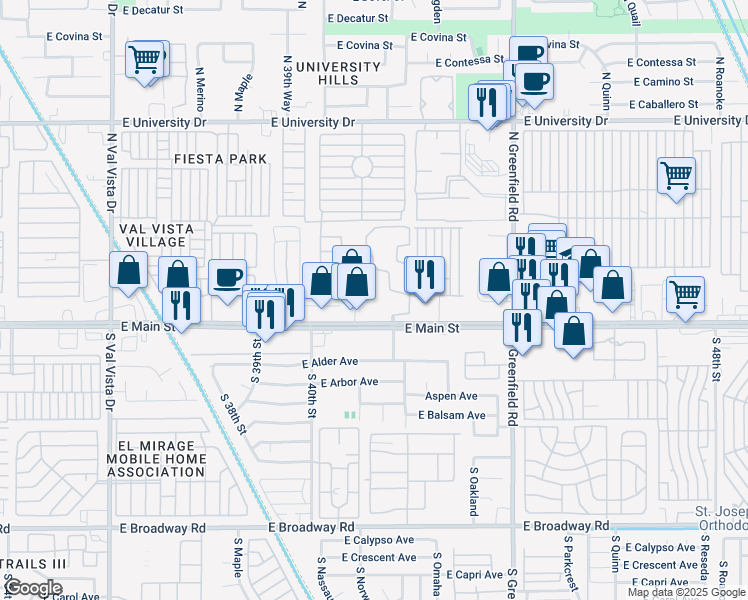 map of restaurants, bars, coffee shops, grocery stores, and more near 4140 East Main Street in Mesa