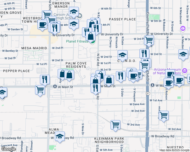 map of restaurants, bars, coffee shops, grocery stores, and more near 108 North Extension Road in Mesa