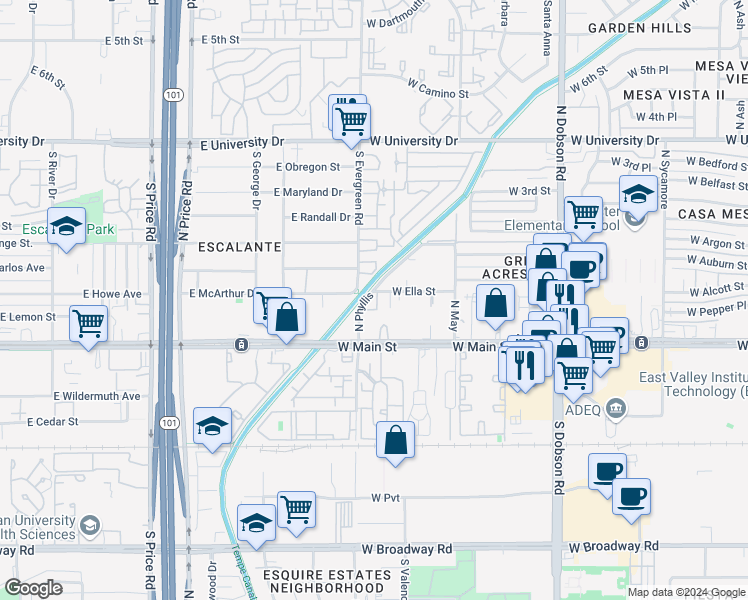 map of restaurants, bars, coffee shops, grocery stores, and more near 111 North Phyllis in Mesa