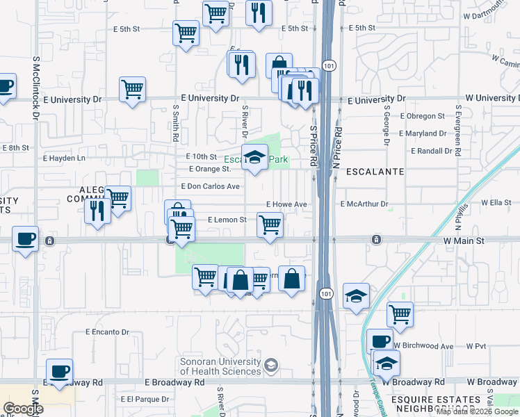 map of restaurants, bars, coffee shops, grocery stores, and more near 2130 East Howe Avenue in Tempe