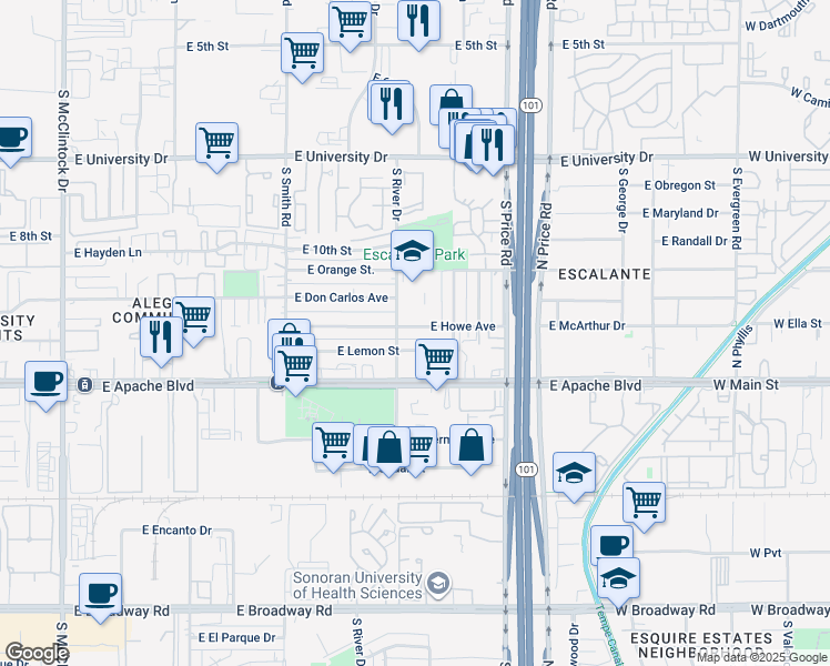 map of restaurants, bars, coffee shops, grocery stores, and more near 2130 East Howe Avenue in Tempe