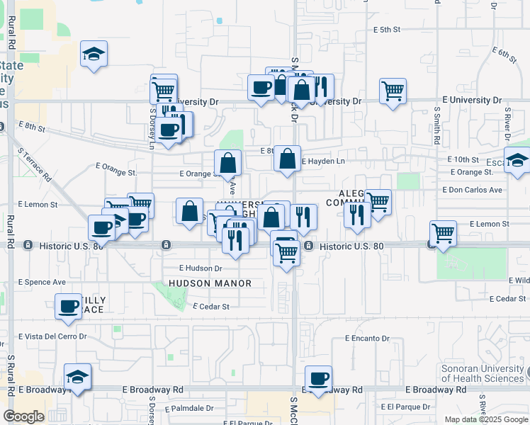 map of restaurants, bars, coffee shops, grocery stores, and more near 1631 East Don Carlos Avenue in Tempe