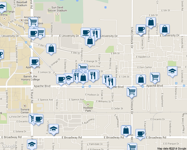 map of restaurants, bars, coffee shops, grocery stores, and more near 1348 East Lemon Street in Tempe