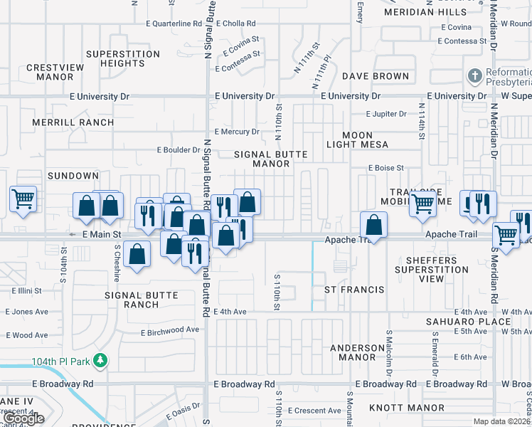 map of restaurants, bars, coffee shops, grocery stores, and more near 10936 East Apache Trail in Apache Junction