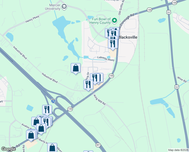 map of restaurants, bars, coffee shops, grocery stores, and more near 4040 Emmons Street in McDonough