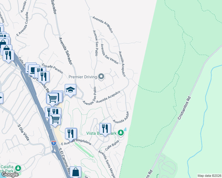 map of restaurants, bars, coffee shops, grocery stores, and more near 171 Calle Cuervo in San Clemente