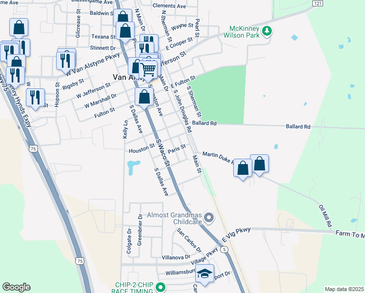 map of restaurants, bars, coffee shops, grocery stores, and more near 301 Paris Street in Van Alstyne