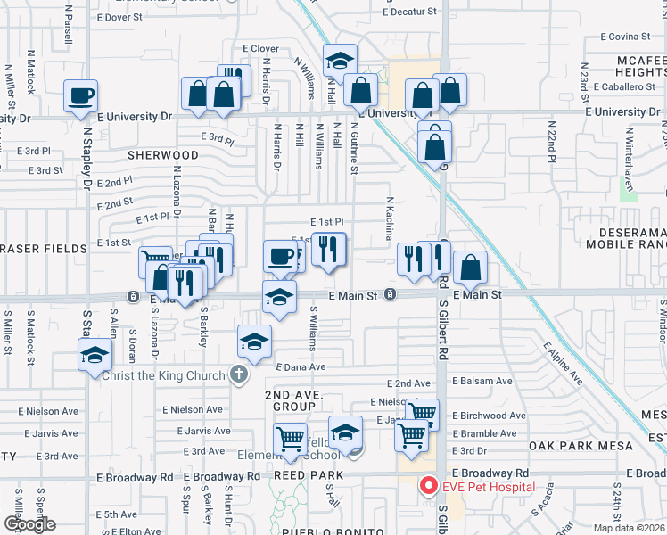 map of restaurants, bars, coffee shops, grocery stores, and more near 1741 East Pepper Circle in Mesa