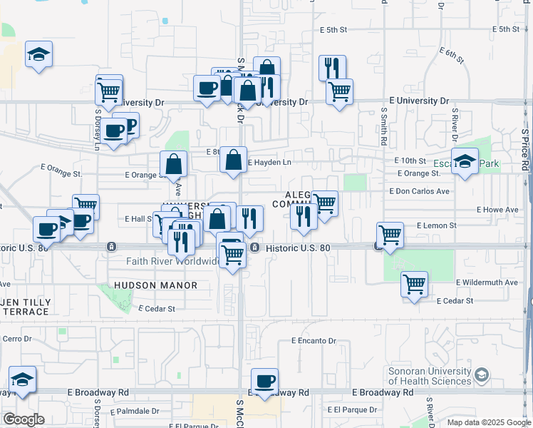 map of restaurants, bars, coffee shops, grocery stores, and more near 1827 East Lemon Street in Tempe