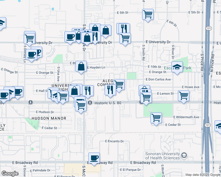 map of restaurants, bars, coffee shops, grocery stores, and more near 1130 South Stratton Lane in Tempe