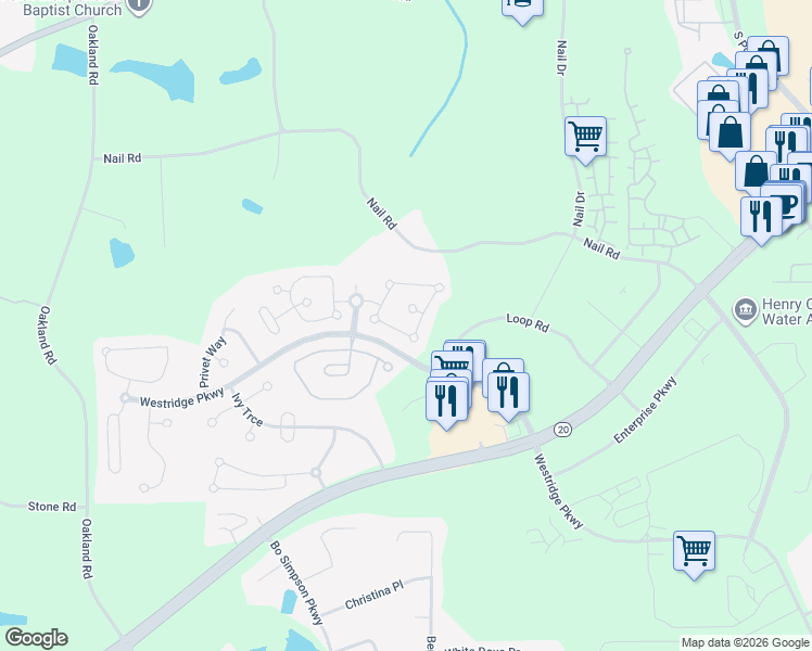 map of restaurants, bars, coffee shops, grocery stores, and more near 2140 Parador Bend in McDonough