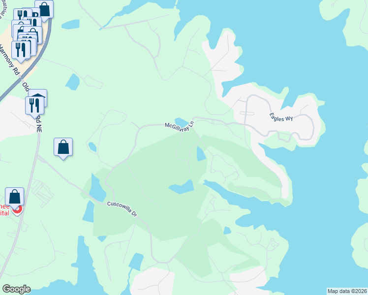 map of restaurants, bars, coffee shops, grocery stores, and more near 100 Spirit Run in Eatonton