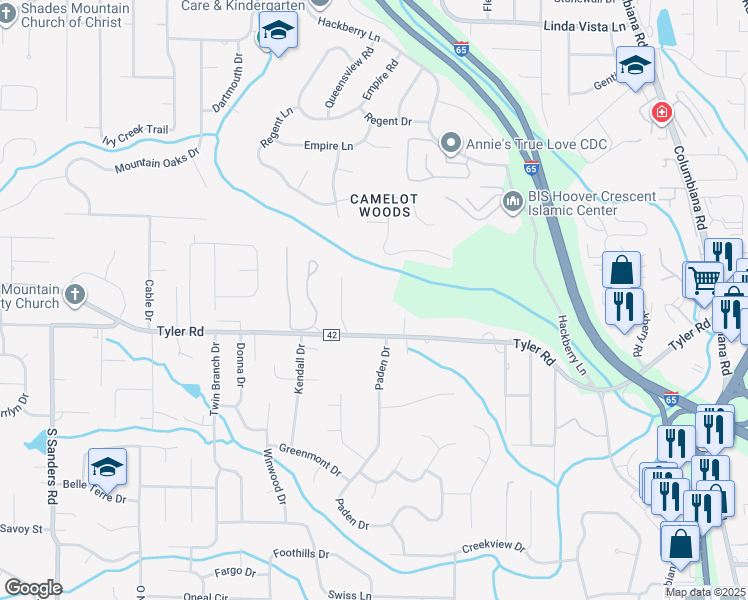 map of restaurants, bars, coffee shops, grocery stores, and more near 2469 Tyler Road in Vestavia Hills