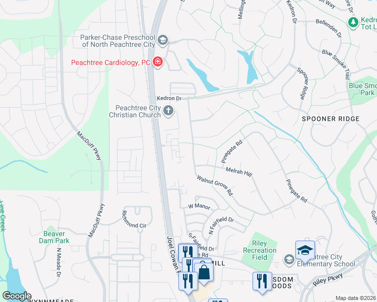 map of restaurants, bars, coffee shops, grocery stores, and more near 407 Walnut Grove Road in Peachtree City