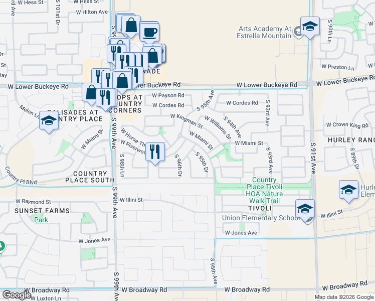 map of restaurants, bars, coffee shops, grocery stores, and more near 9615 West Kirby Avenue in Tolleson