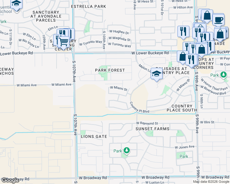 map of restaurants, bars, coffee shops, grocery stores, and more near 10410 West Pioneer Street in Tolleson