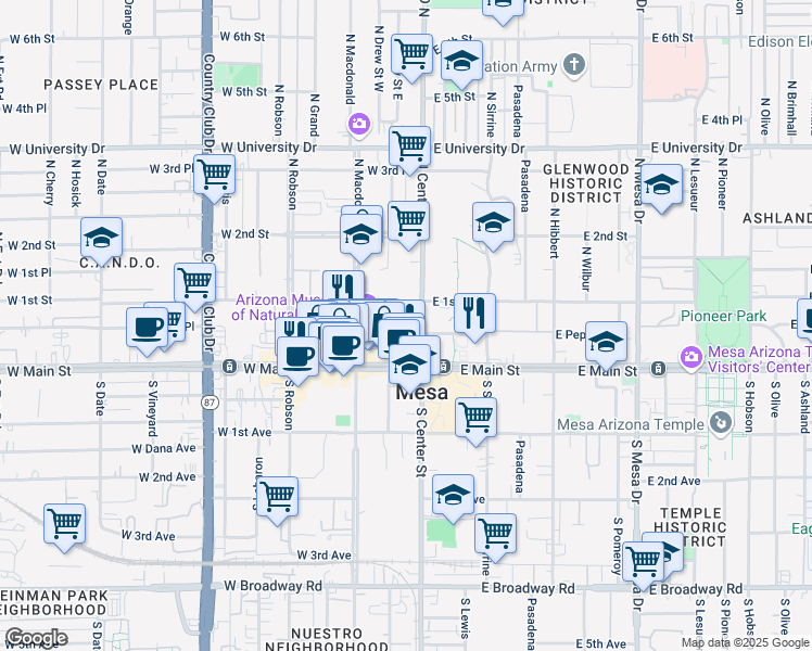map of restaurants, bars, coffee shops, grocery stores, and more near 13 West 1st Street in Mesa
